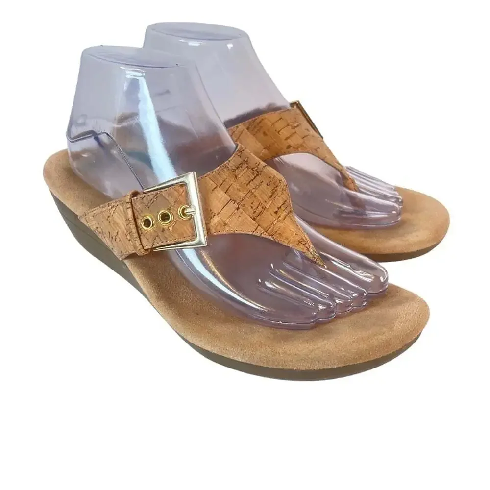 Aerosoles Tan Cork Wedge Sandals Women 10 Flower Thong Slide Comfort Summer